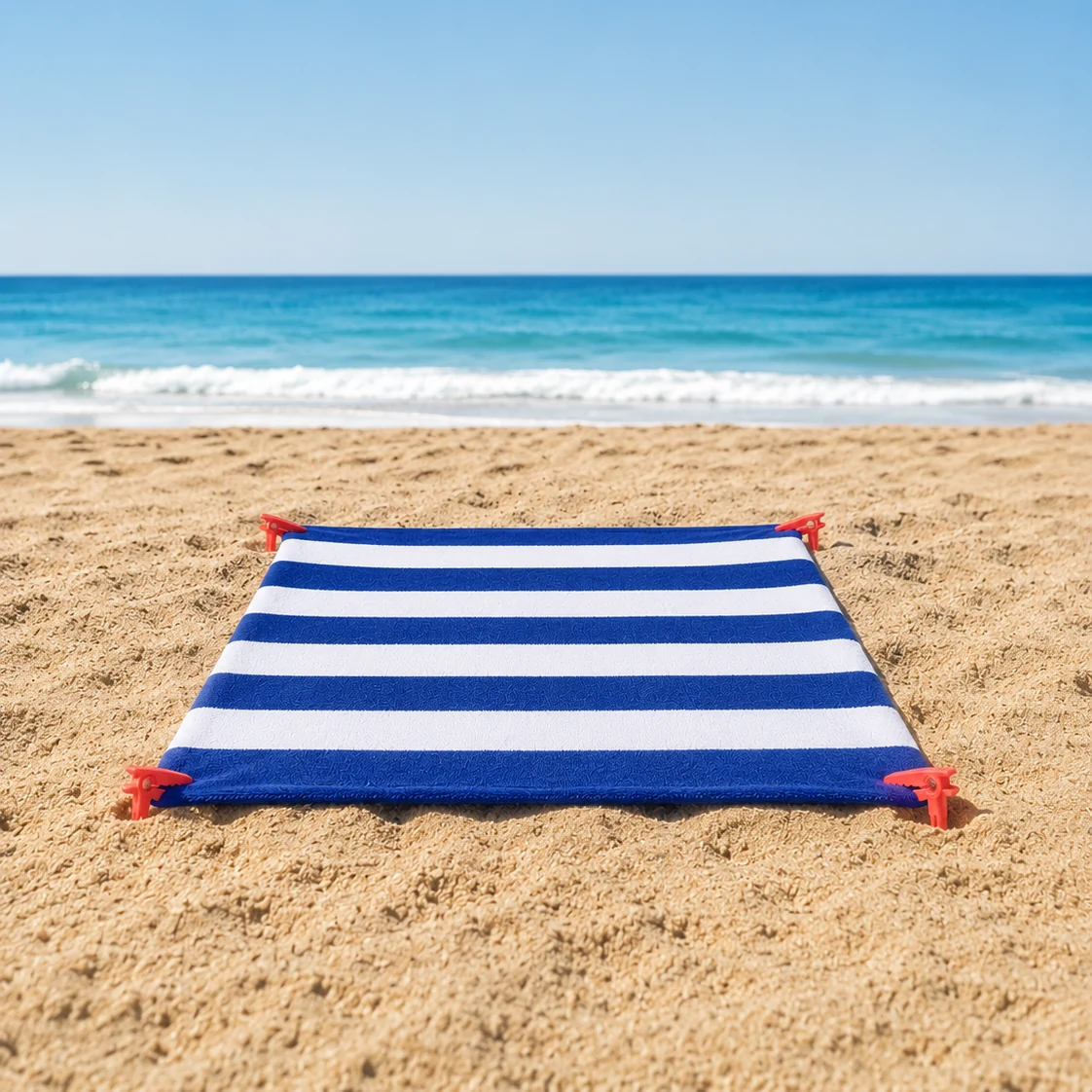 Beach towel secured by four pink clips