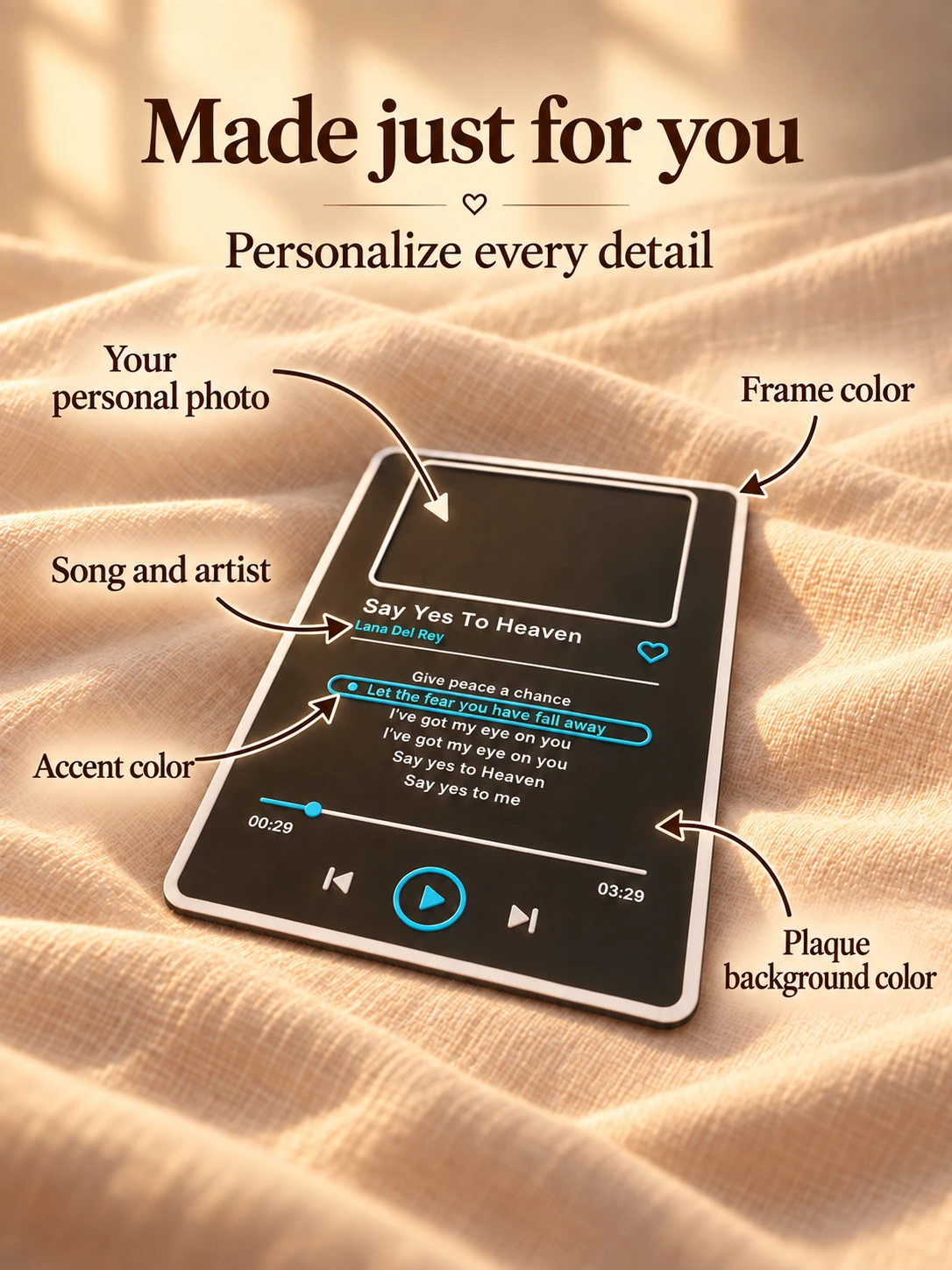 Personalised song plaque with custom photo, song and colours